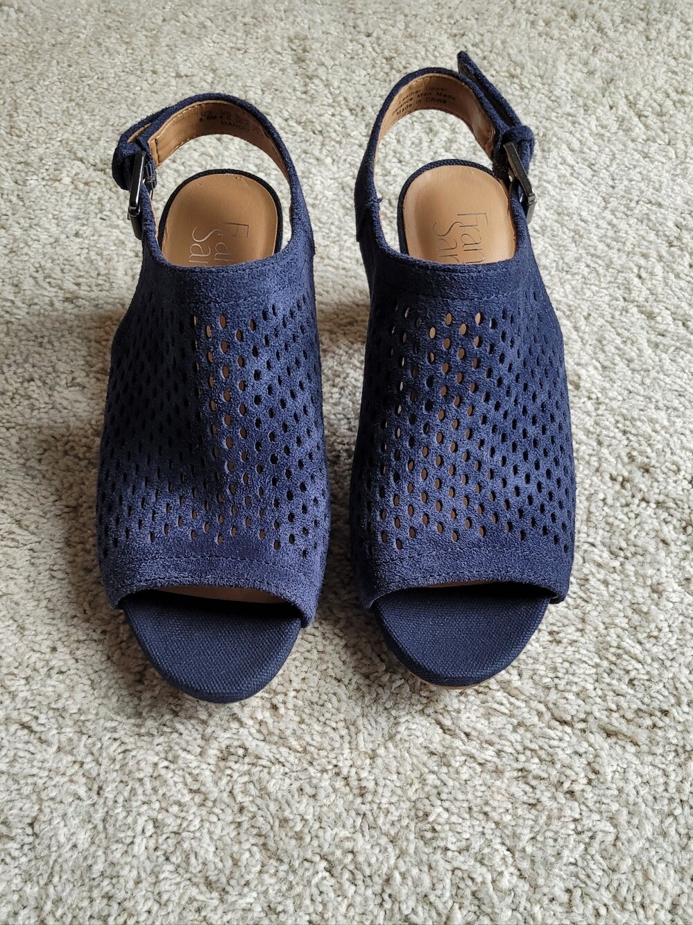 Franco Sarto Perforated Suede Navy 2 1/2" Stacked Heels Great Condition. - Picture 2 of 5